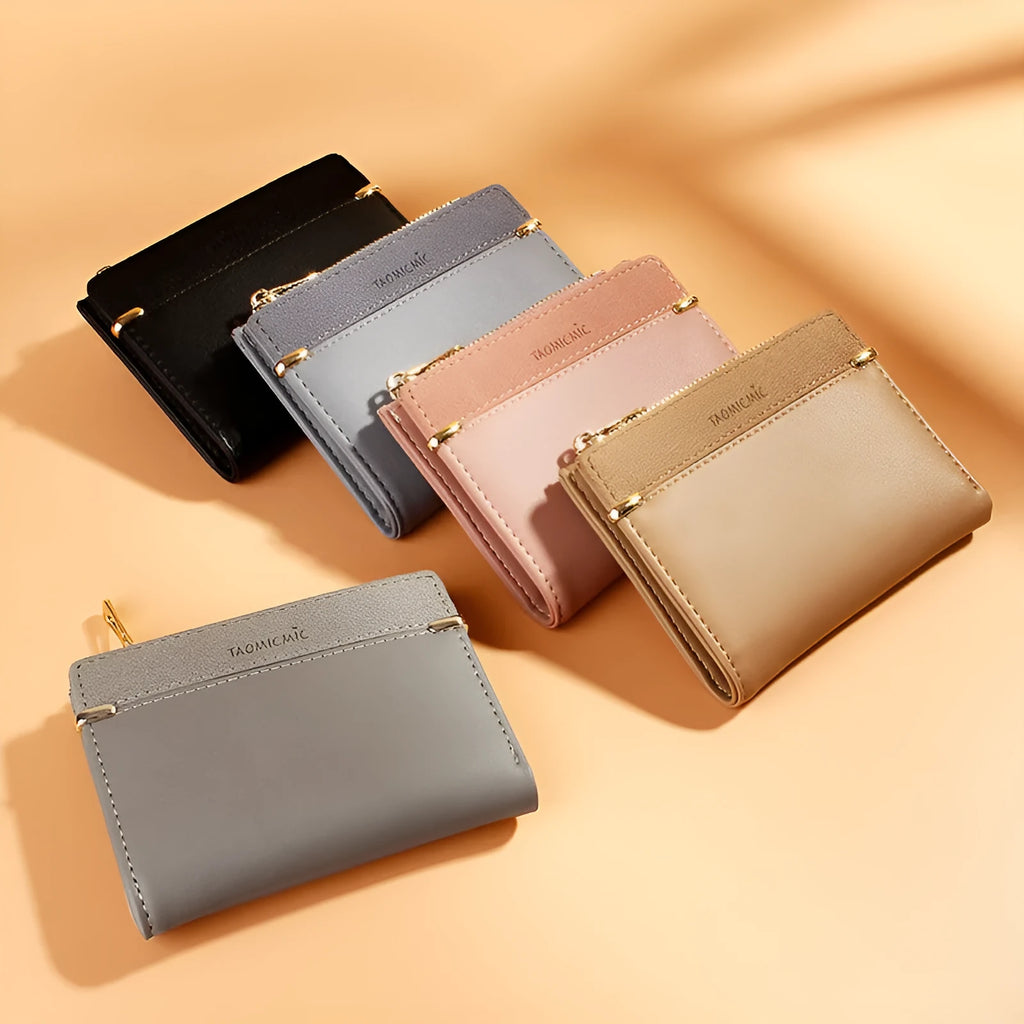 Short zipper ladies wallet in PU leather showing multiple internal card slots and compartments