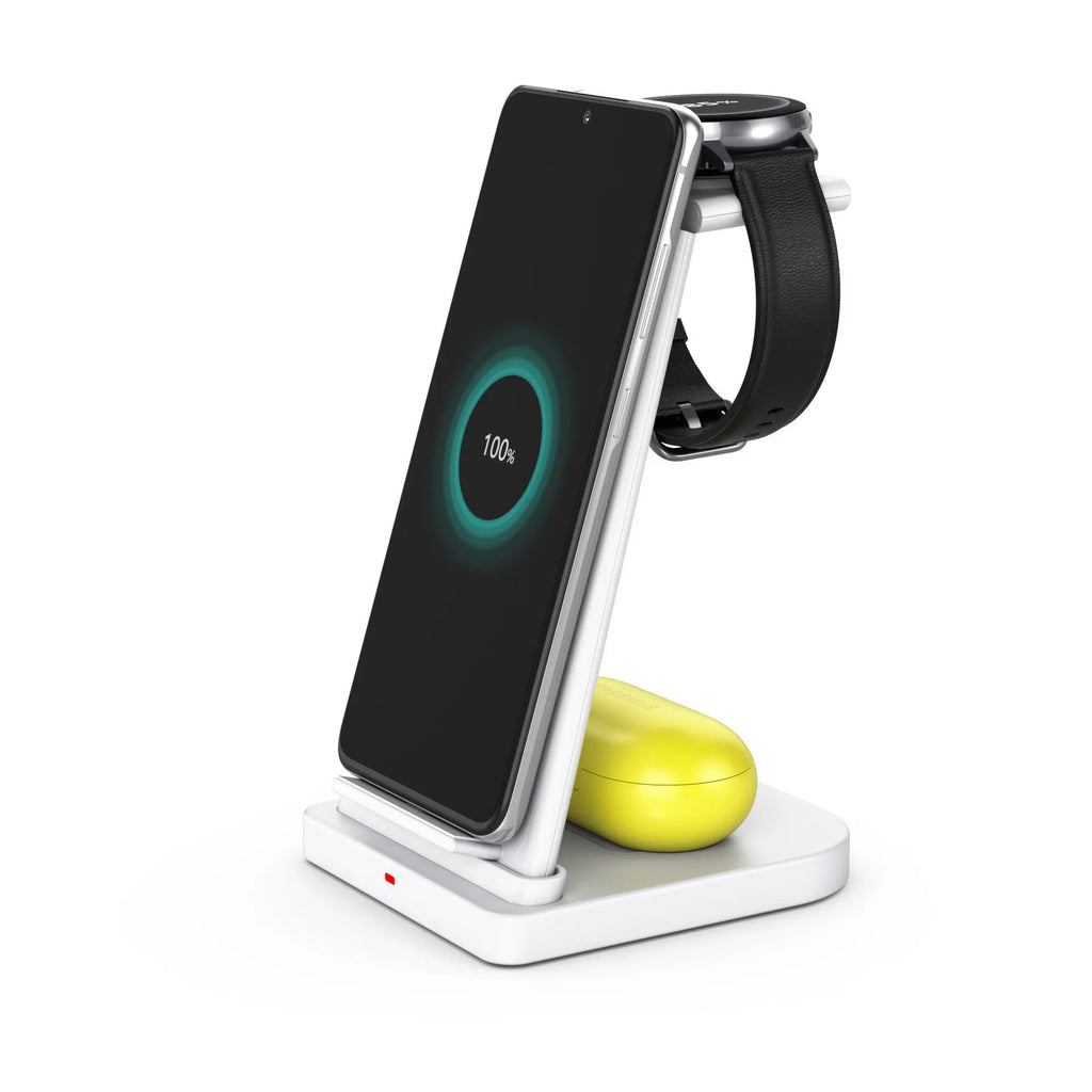 Three-in-one wireless charger for Samsung phone and watch in black with removable charging board and foldable watch stand on a table