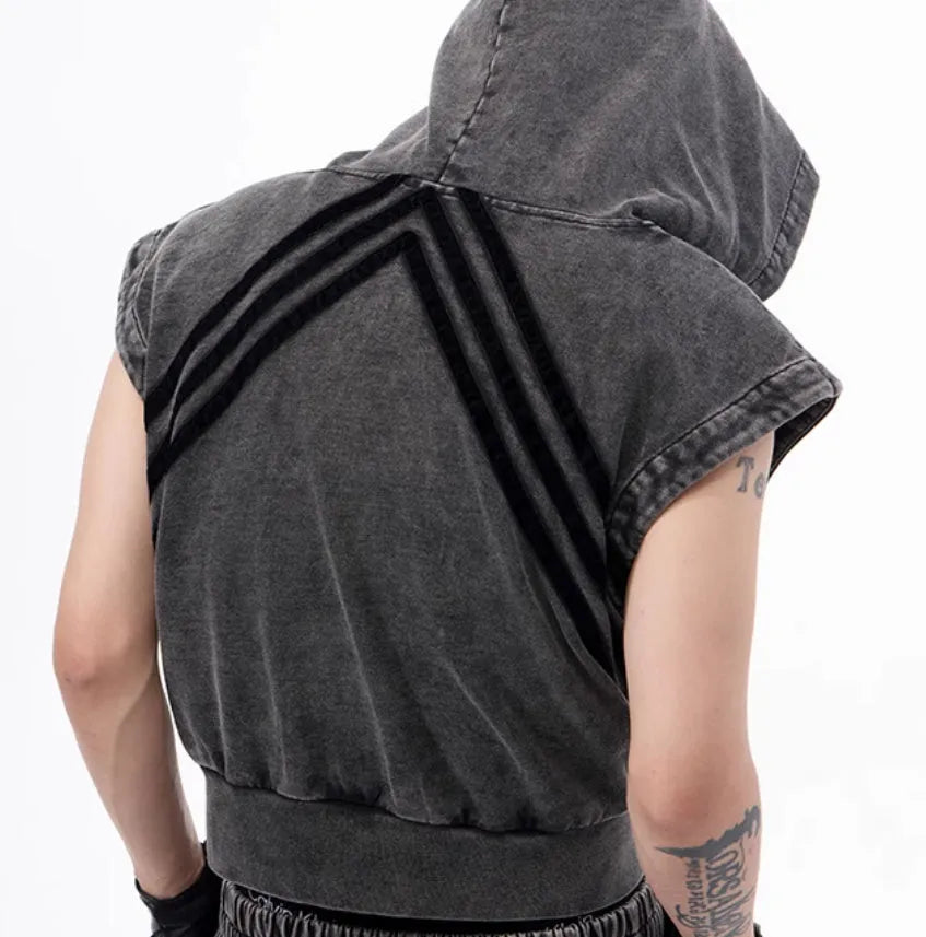 Stitching fur sleeveless hooded zipper tank top in black and gray, short Korean-style vest