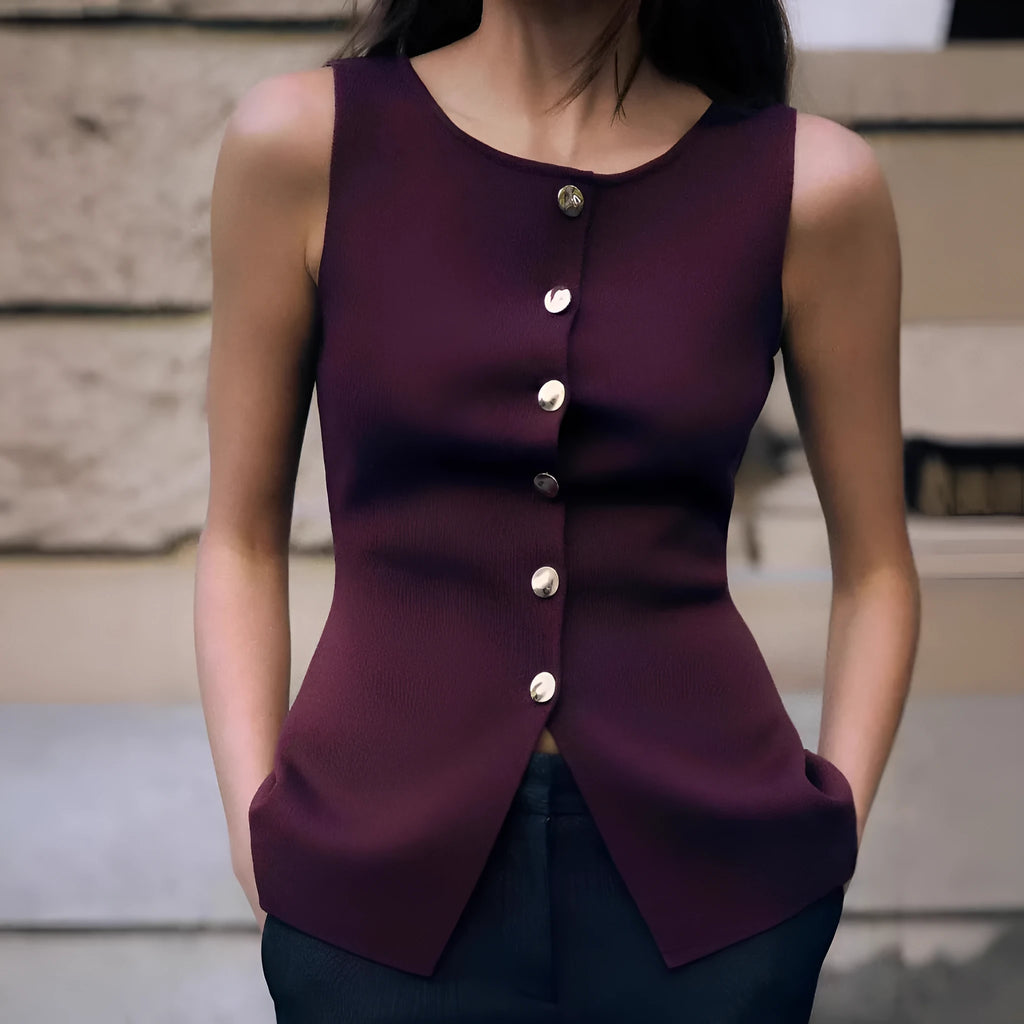 Slim fit dark red sleeveless viscose vest with a raised 3D pattern, shown on a hanger.