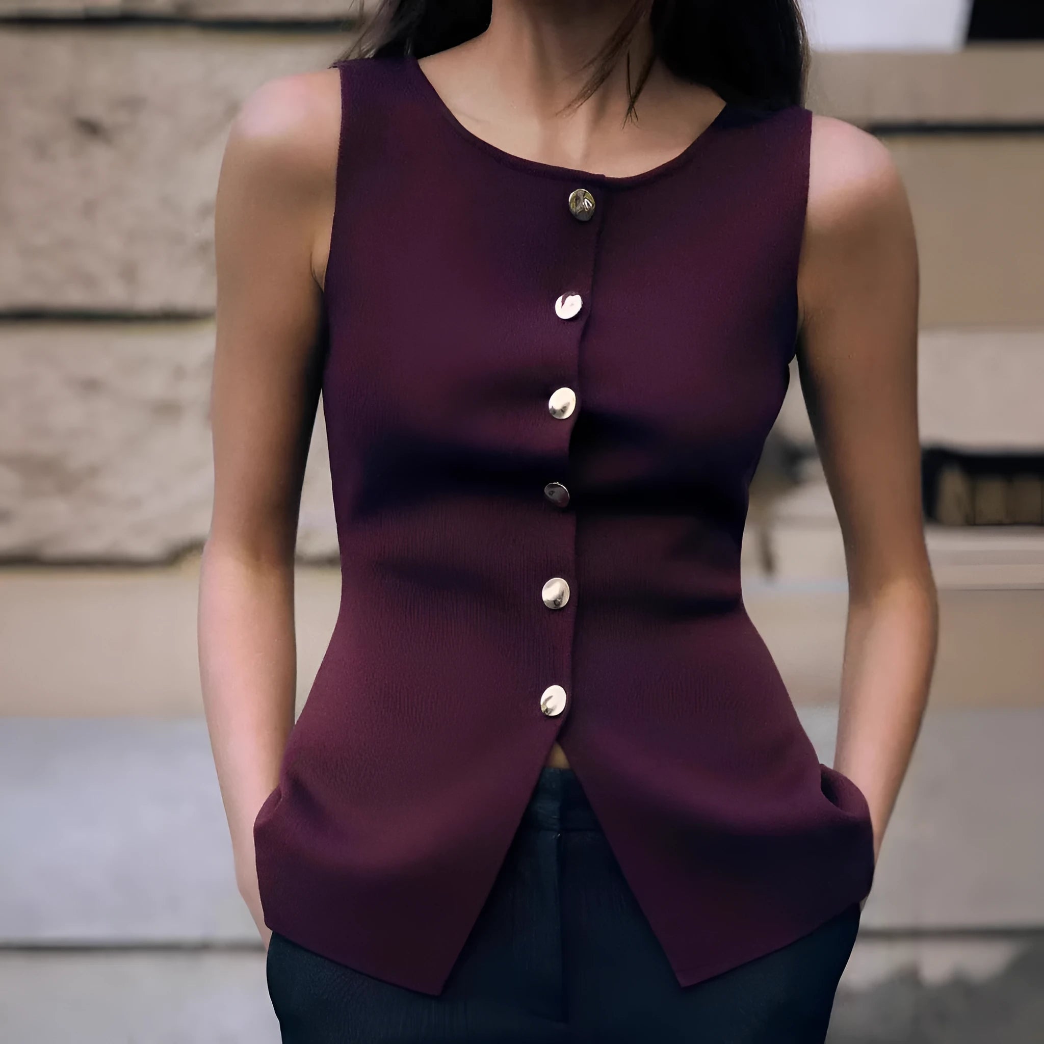 Slim fit dark red sleeveless viscose vest with a raised 3D pattern, shown on a hanger.