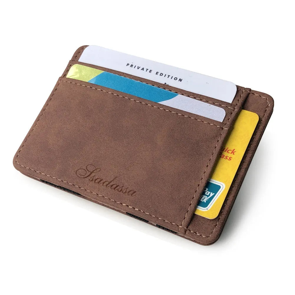 Korean style matte leather magic wallet in light gray with visible sewing lines and coin pocket