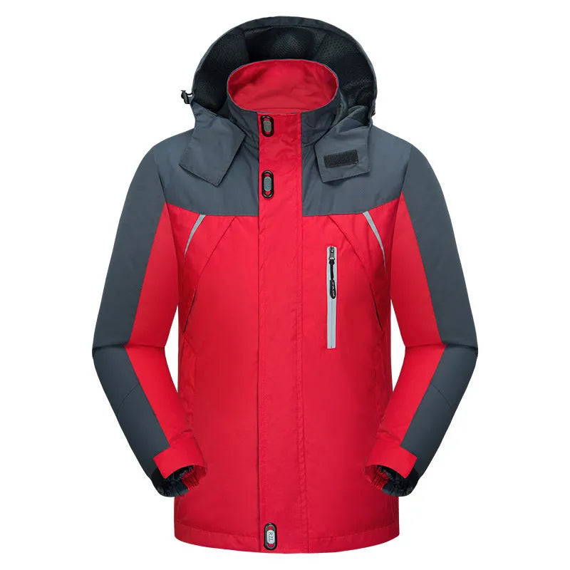Men's waterproof breathable wear-resistant jacket in black, polyester fabric, plus velvet lining, full zip front