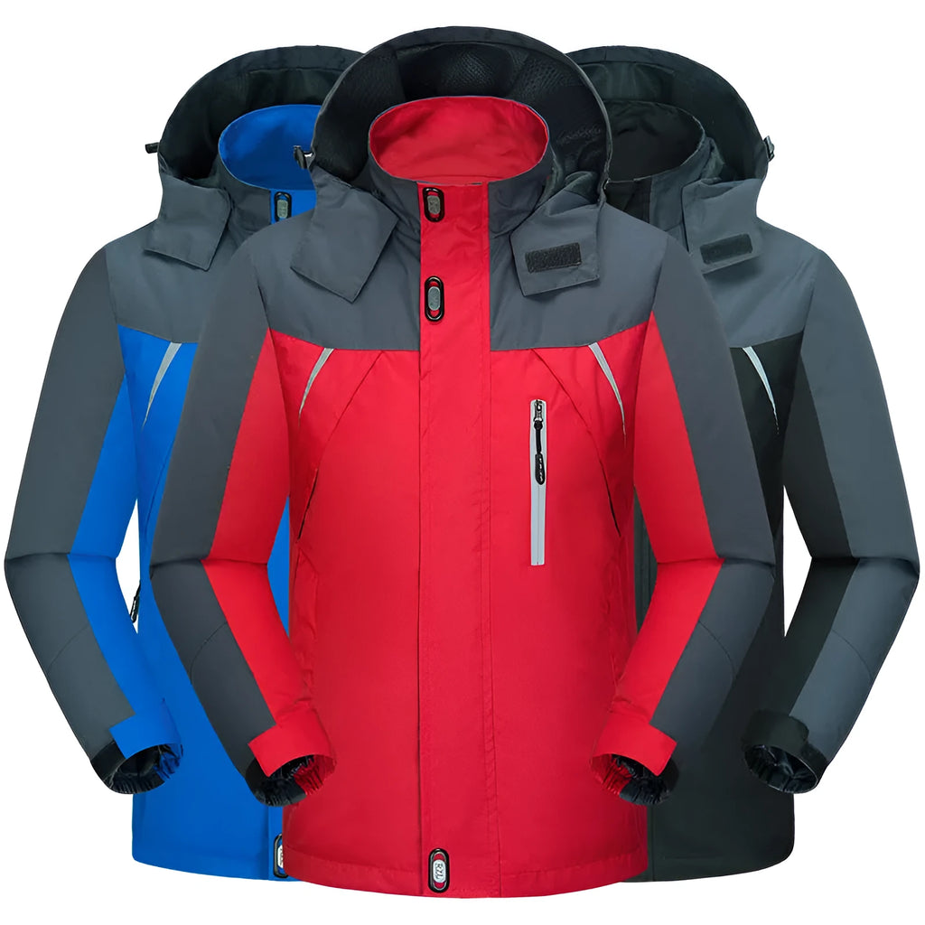 Men's waterproof breathable wear-resistant jacket in black, polyester fabric, plus velvet lining, full zip front