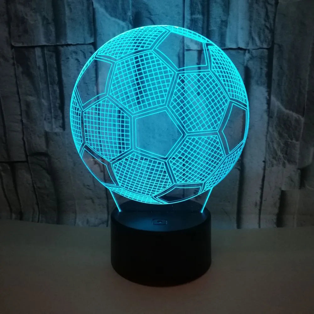 3D football night light with colourful projection on acrylic display, ABS base, showing colour-changing options.