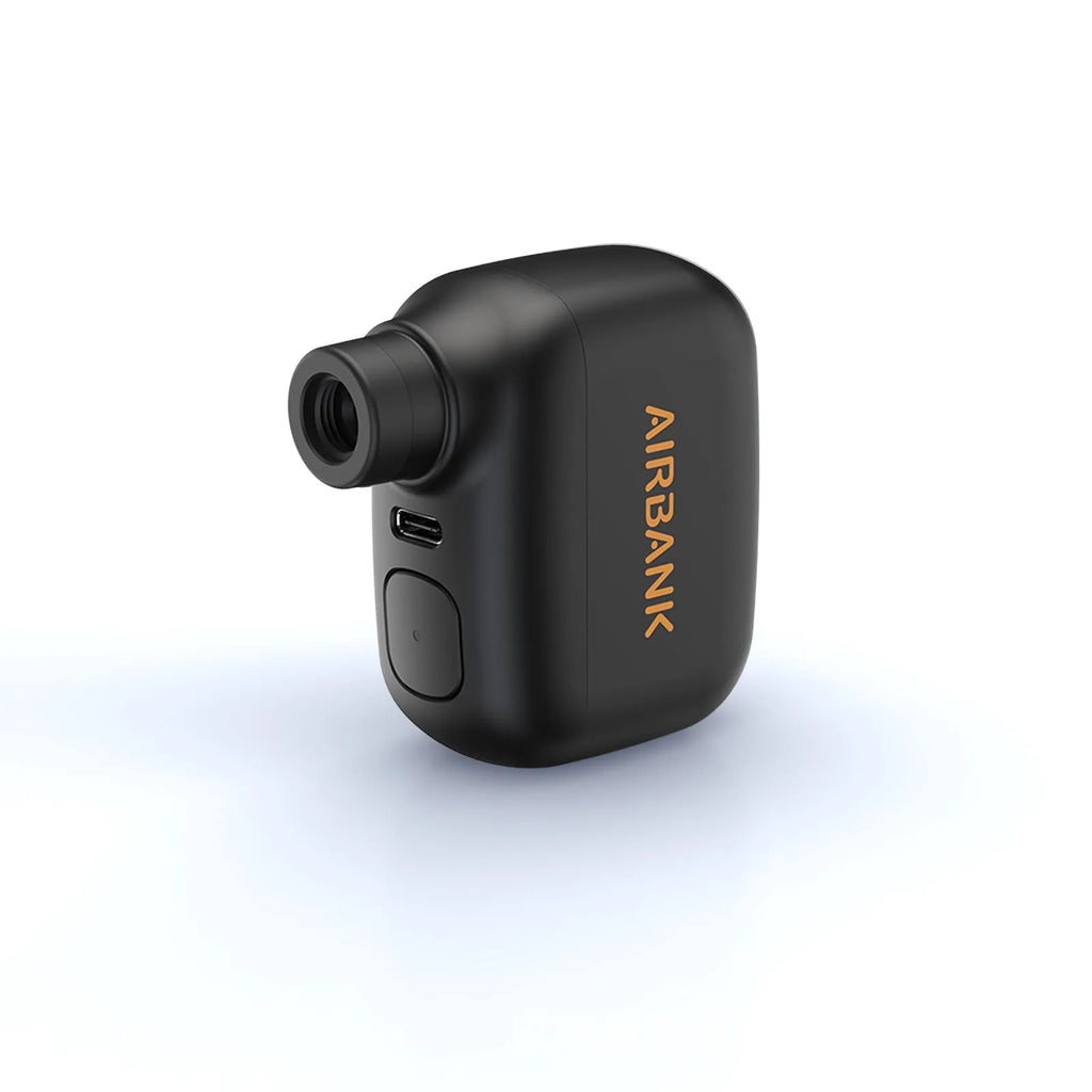 Black AS100 mini electric bicycle pump with USB charging cable and waterproof storage bag