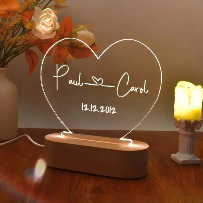 Custom names and date LED night light on transparent 20cm acrylic panel with USB power