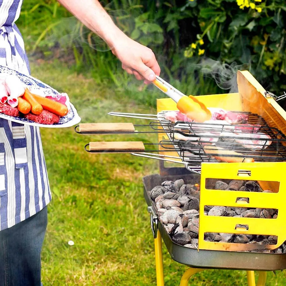 BBQ grill mesh basket with wood handle and rotary lid on outdoor grill