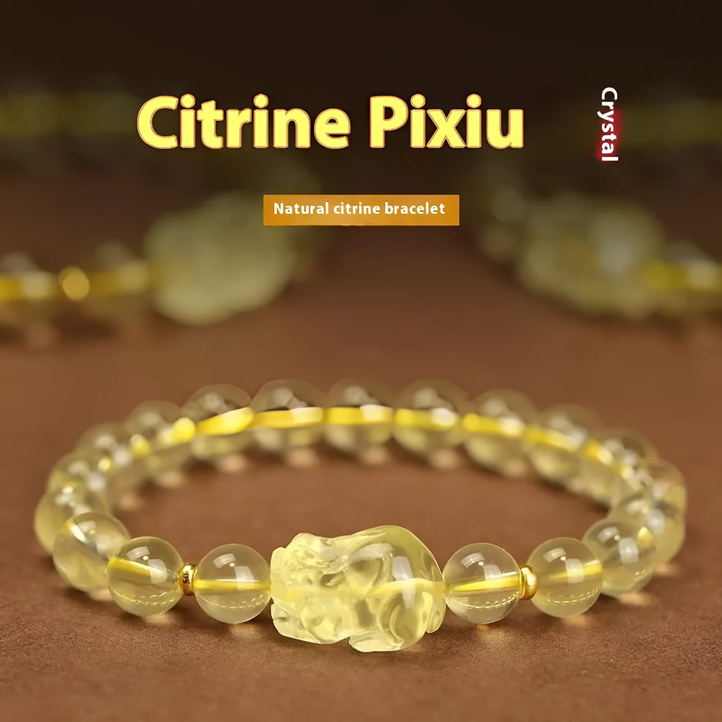 Yellow Citrine Pi Xiu bracelet with artificial crystal beads and leather clasp in national style.