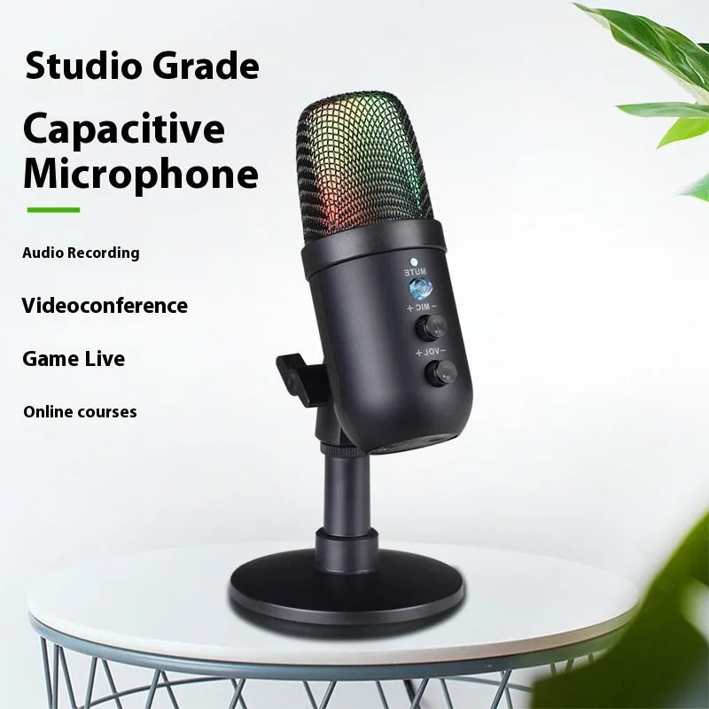 Black USB microphone with RGB lighting for computer live streaming and karaoke