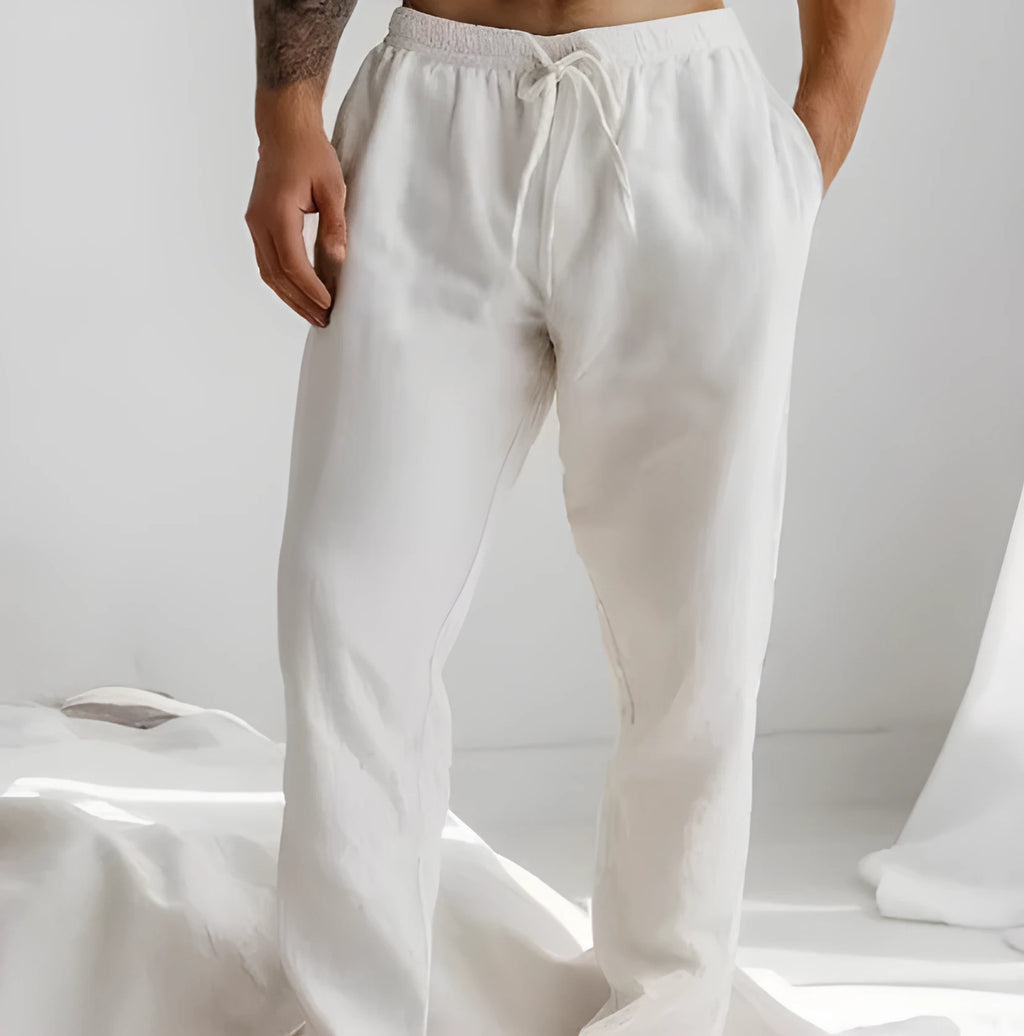 Men's summer trousers in cotton and linen, elastic waist with drawstring, available in white, gray, khaki, light blue