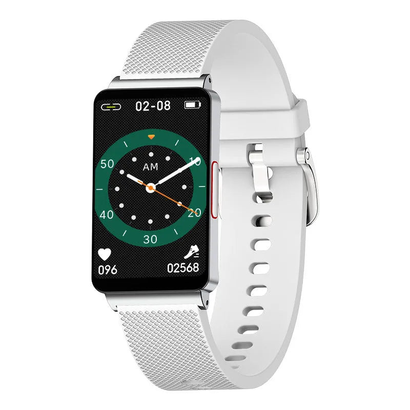 EP08 smart bracelet with touch screen on a wrist, showing black, gold, and silver TPU strap options.