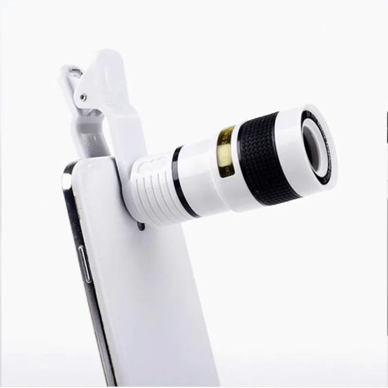 12X telephoto phone camera lens with clip attached to smartphone showing long distance zoom capability