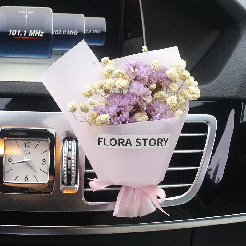 Mini car aromatherapy vent dried flowers bouquet with Blue Star dried flowers clipped onto a car vent