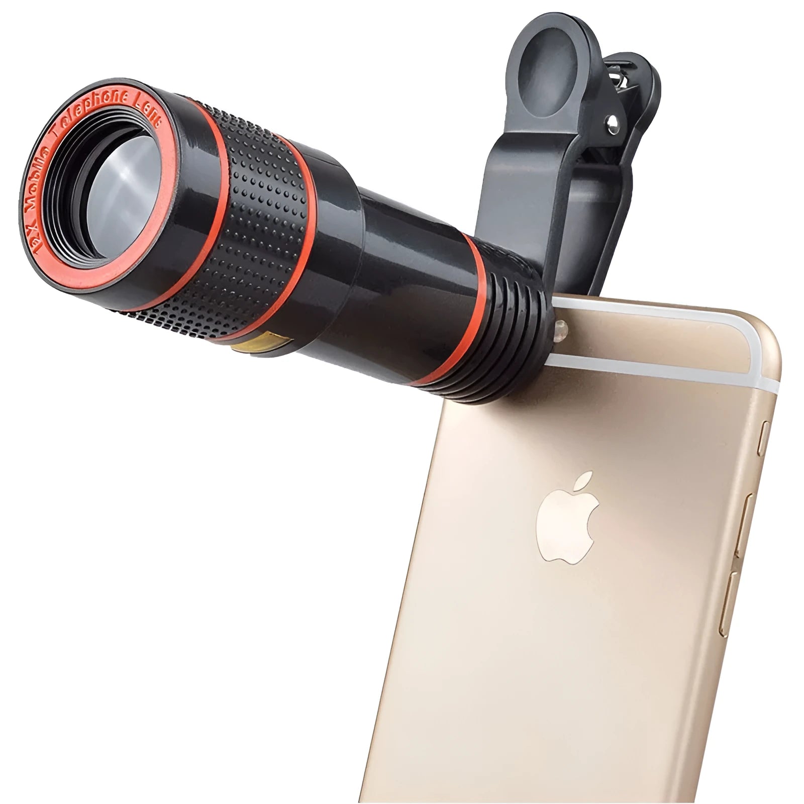 12X telephoto phone camera lens with clip attached to smartphone showing long distance zoom capability