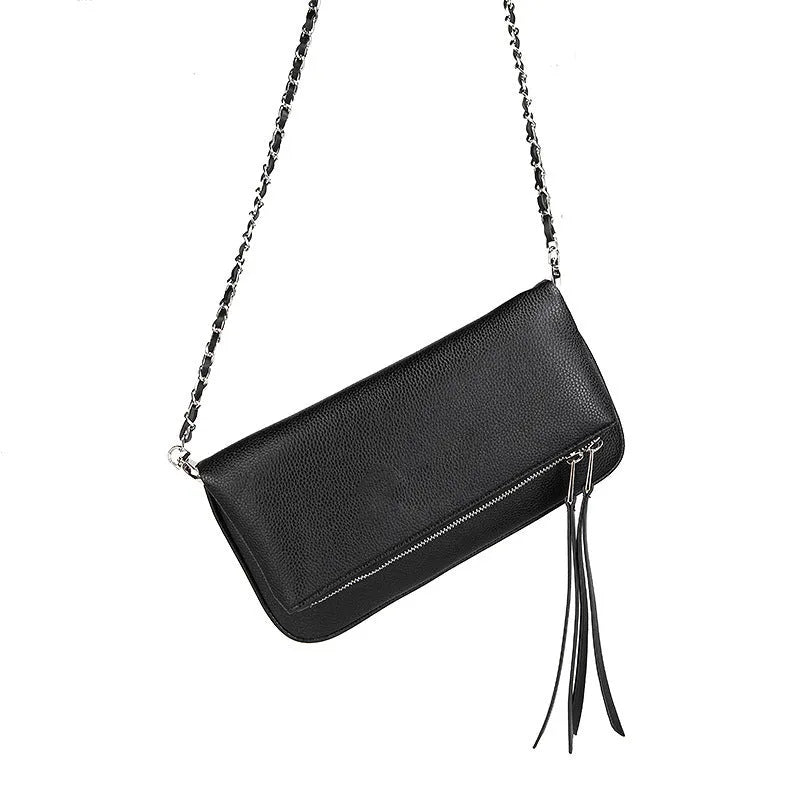 Fashion chain folding clutch women's shoulder messenger bag in black classic PU leather shell shape design