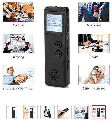 Black long distance MP3 digital voice recorder showing front display and buttons.