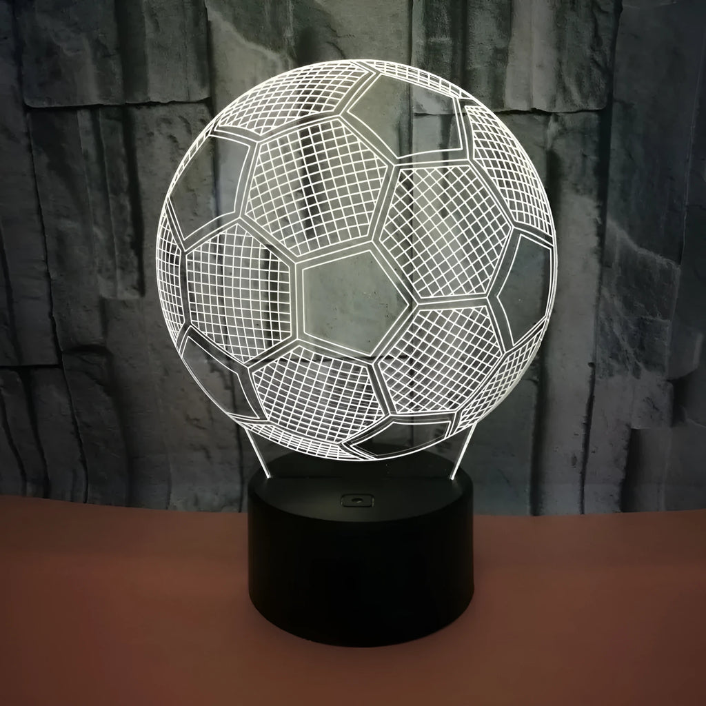 3D football night light with colourful projection on acrylic display, ABS base, showing colour-changing options.