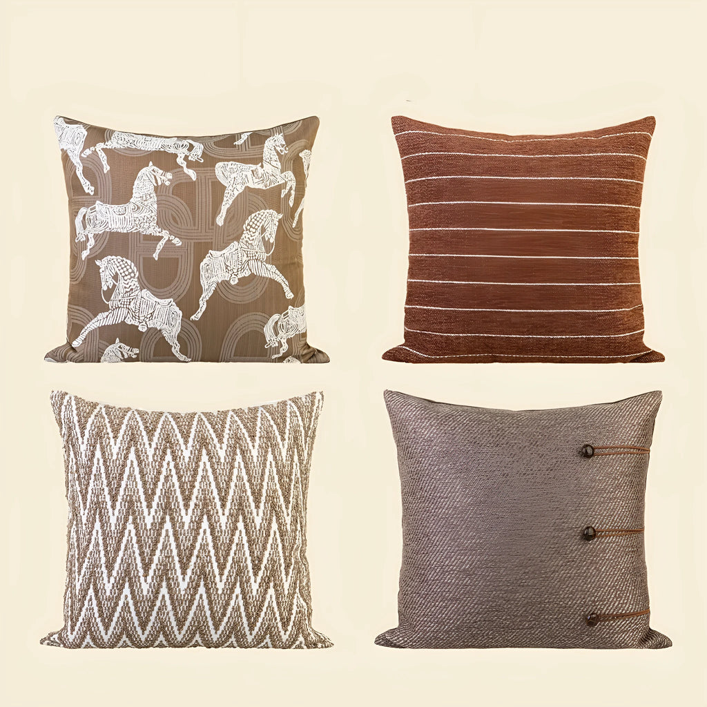 Chinese style square cushion with geometric pattern in Maillard brown colour on a sofa.