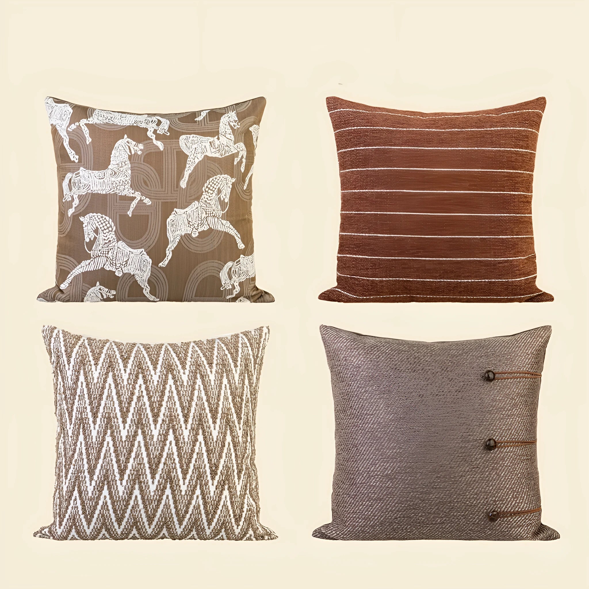Chinese style square cushion with geometric pattern in Maillard brown colour on a sofa.