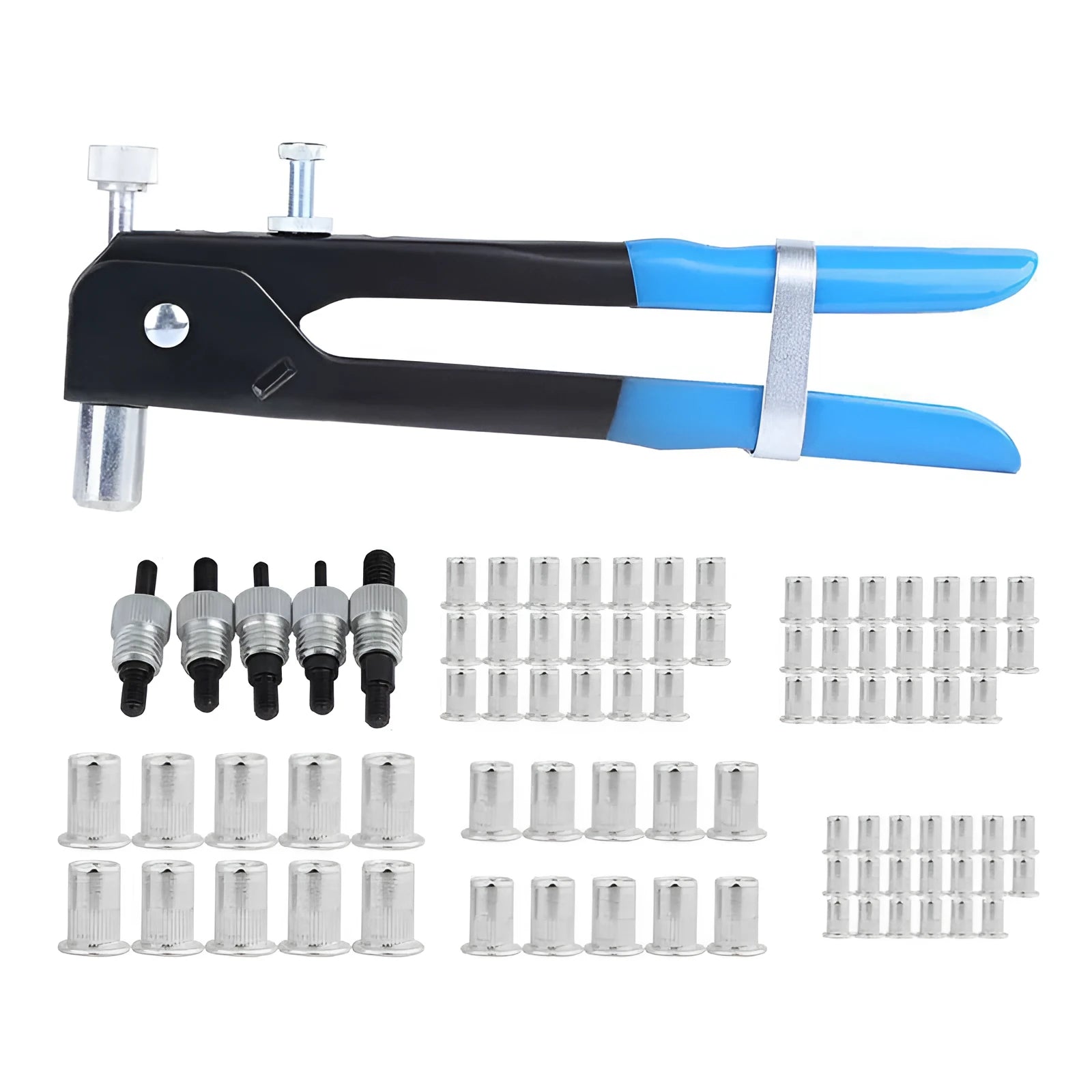 Alloy steel manual riveter nut tool set with replacement mandrels and rivet nuts
