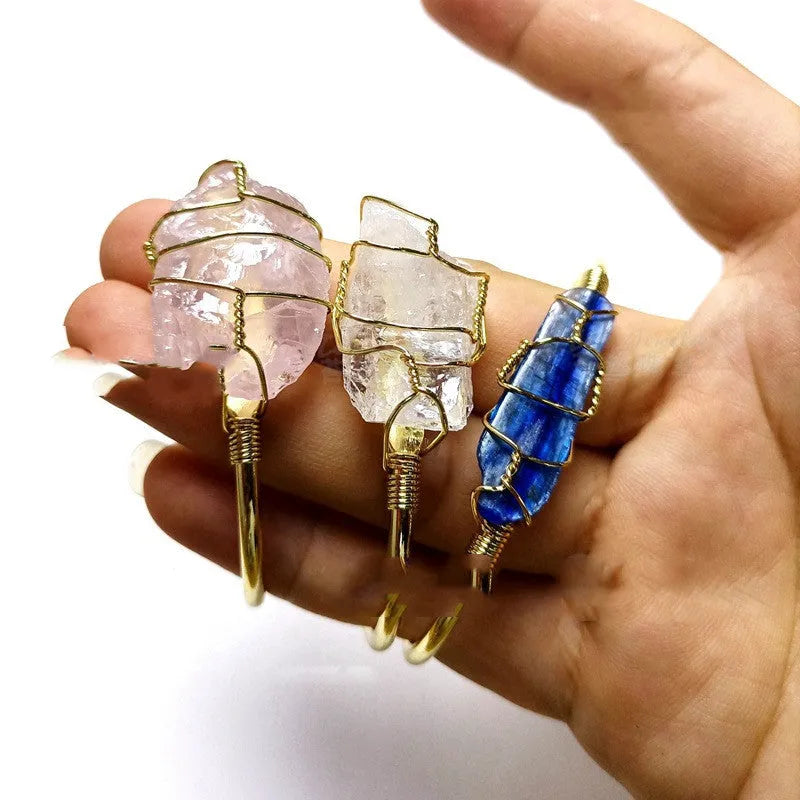 Natural crystal rough stone bracelet with gold winding wire and geometric design