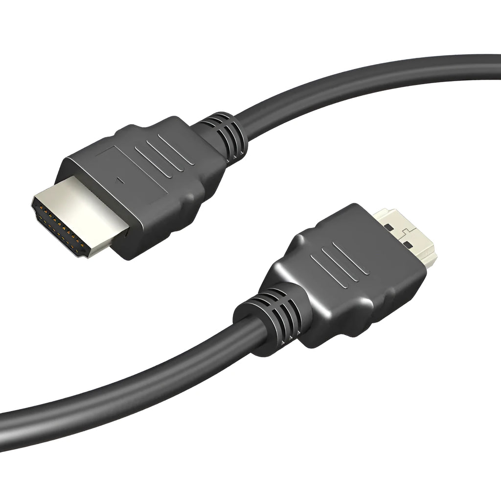 Black HDMI cable with nickel-plated connectors on a white background