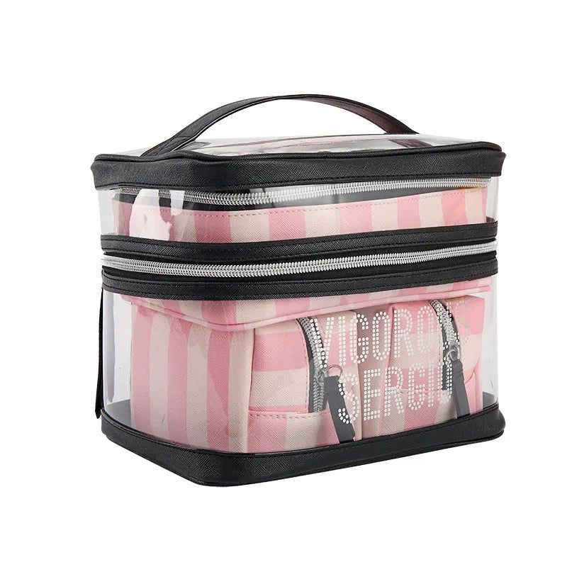 Pink bold stripe floral pattern waterproof synthetic leather makeup buggy bag folded