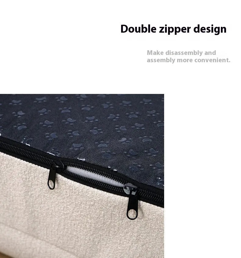 Rectangular beige cloth dog bed nest with raised sides on a plain floor, size M shown