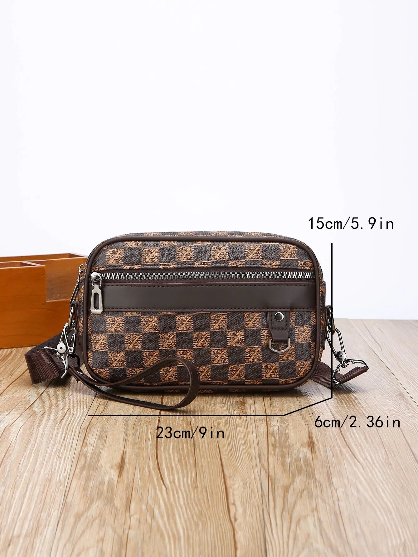 Men's casual shoulder messenger bag large capacity horizontal PU wear-resistant geometric pattern black brown
