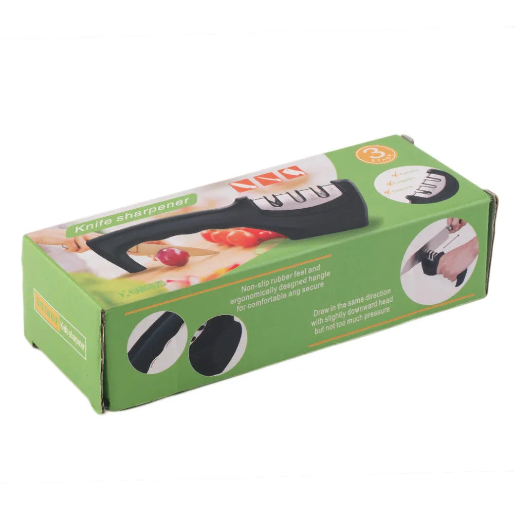 Professional knife sharpener with three-level sharpening system and anti-slip rubber feet in black on a white background