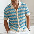 Short sleeve summer sweater with corrugated jacquard texture in blue, brown, or yellow