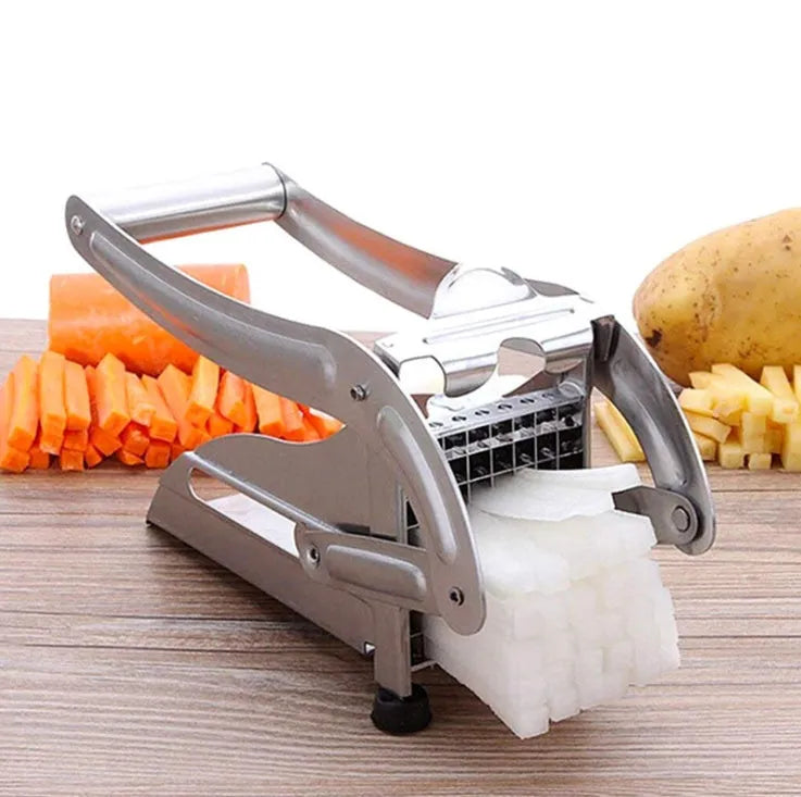 Potato cutter with two stainless steel blades and non-slip rubber foot on kitchen counter