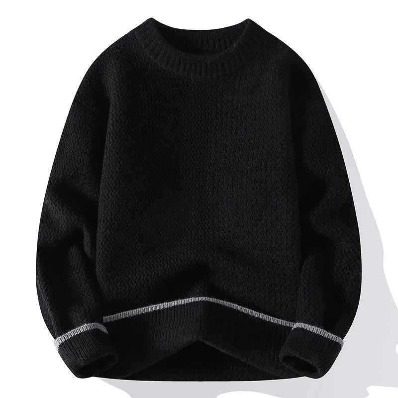 Men's round neck polyester blend knitwear sweater in loose fit showing black grey white khaki colour options