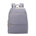 Oxford cloth women's backpack in black and purplish grey, showing large capacity and design features.
