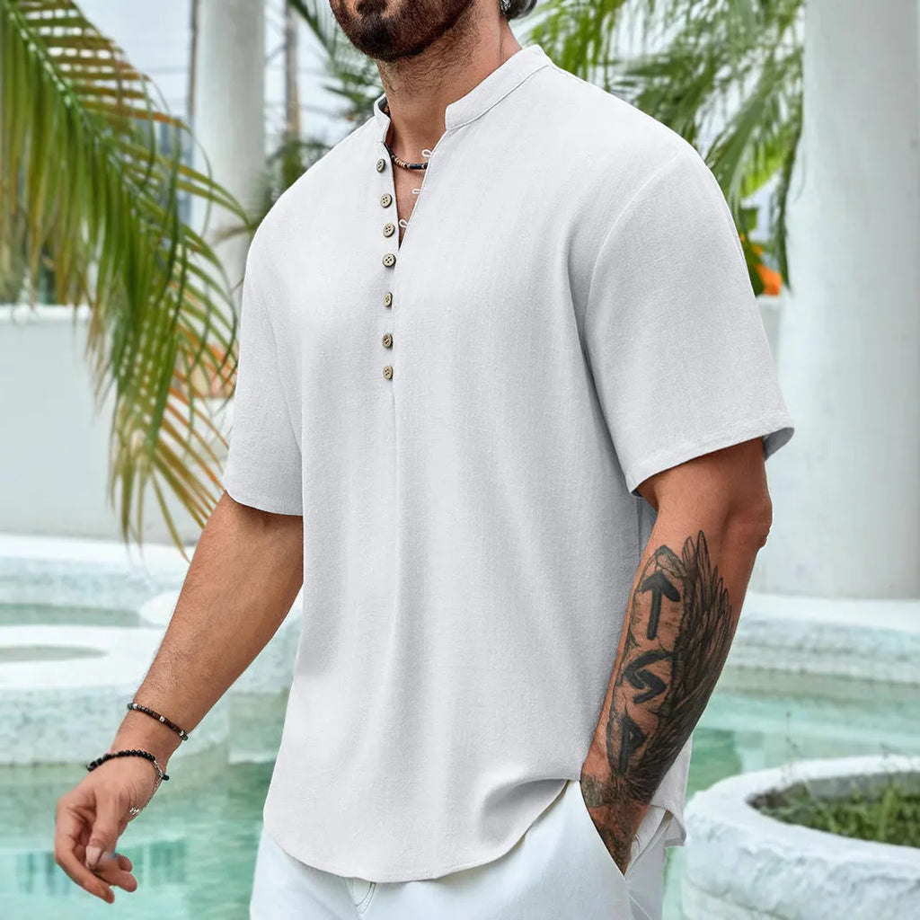 Men's deep V-neck multi-button short sleeve casual pullover shirt in solid colour, front view