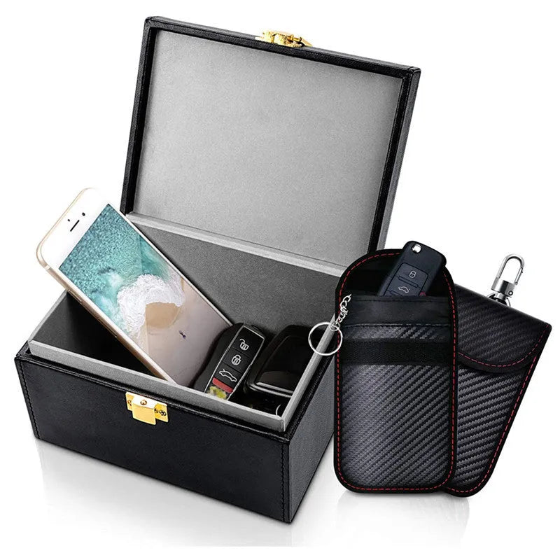 Carbon fibre RFID shielding box with two key cases, nano shielding lining, PU material, 16x12x10cm