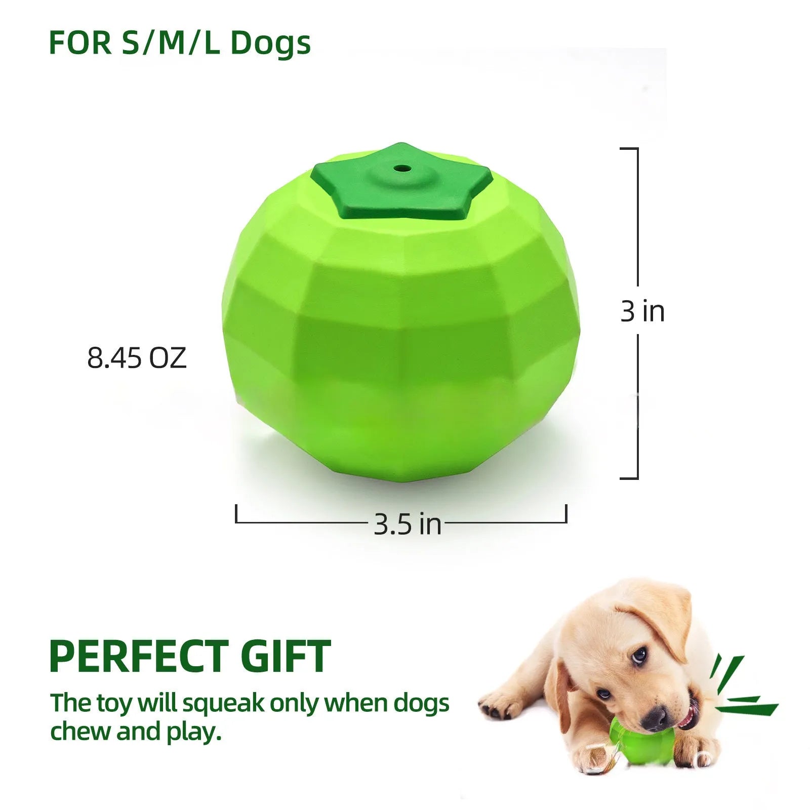 Green natural rubber squeaky chew ball dog toy for medium and large breeds