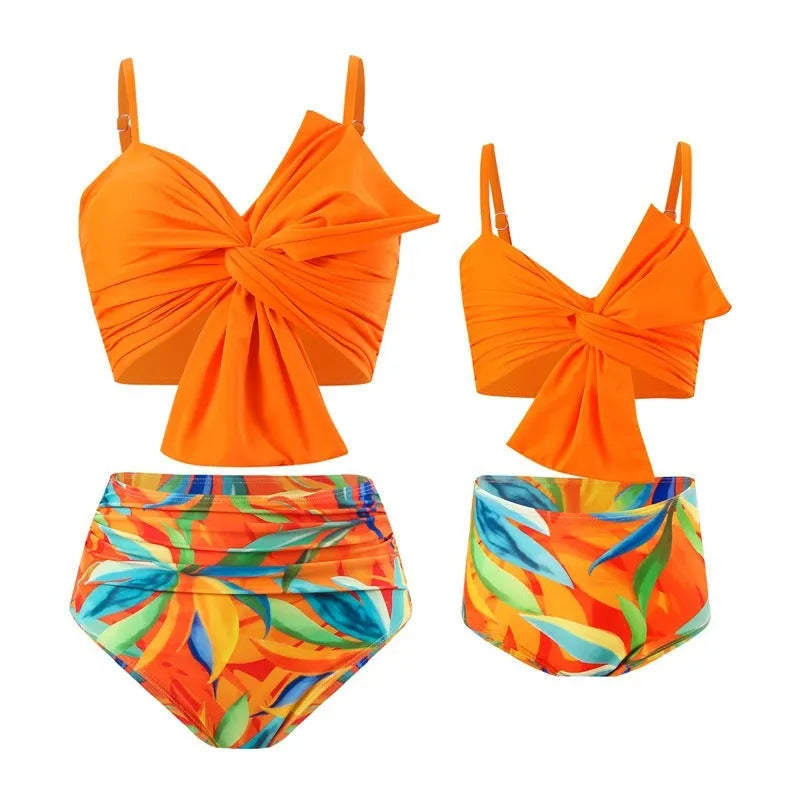 Women's big bow bikini print swim trunks set in nylon with orange colour option