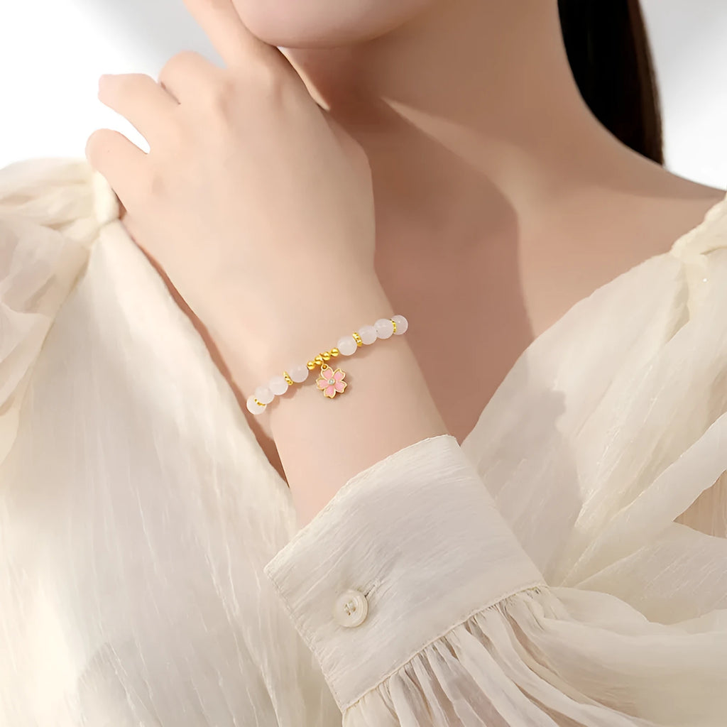 S925 silver gradient epoxy cherry blossom pendant Hetian jade beaded bracelet pink sweet style