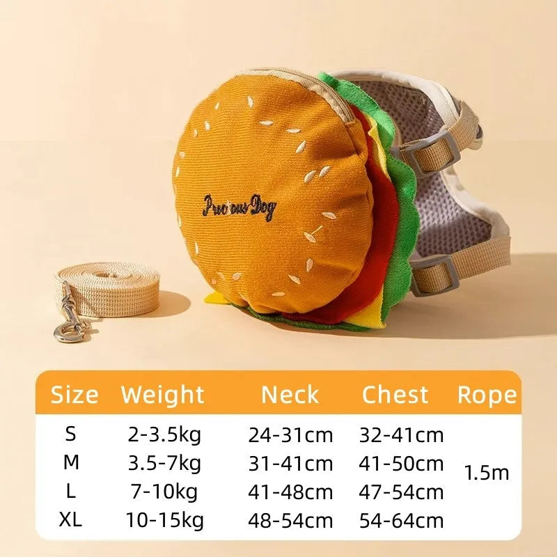 Adjustable dog vest leash with backpack in a cartoon hamburger print, showing the escape proof vest design