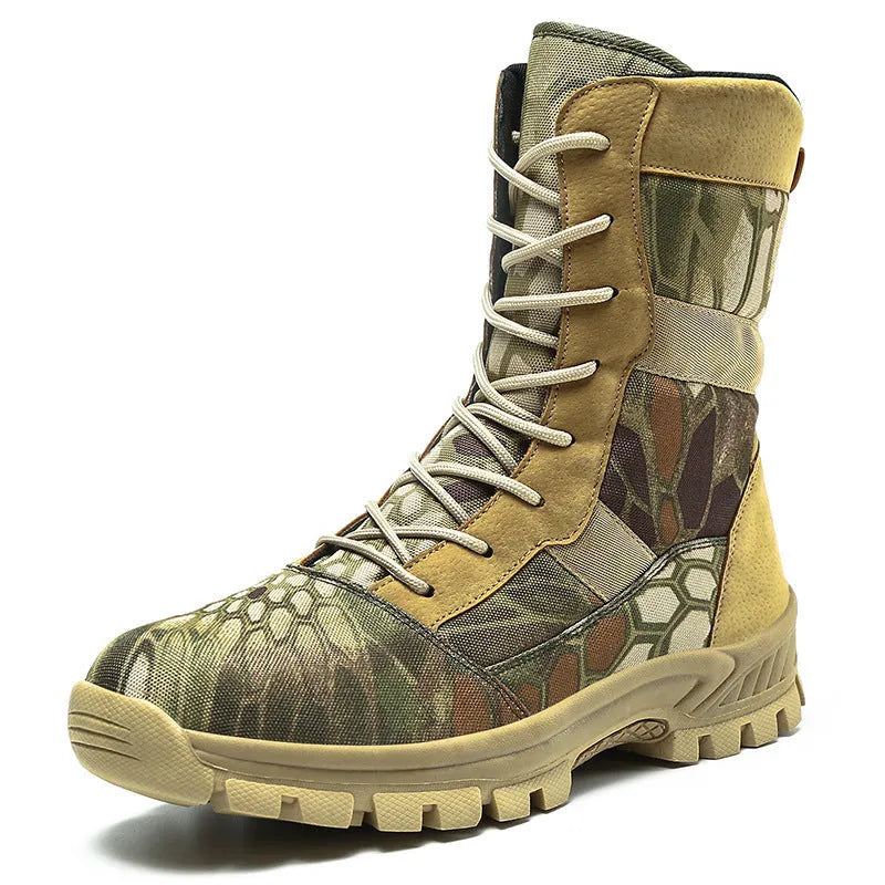 Plus size men's high-top Martin boots in black or camouflage colour with mesh upper and totem decoration