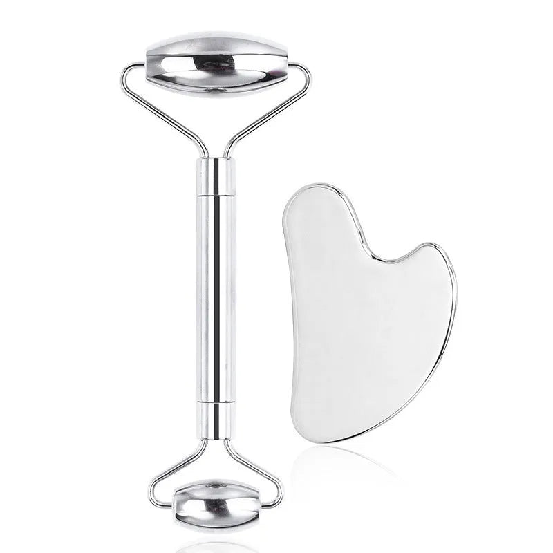 3cm stainless steel facial massage tool with roller and scraping plate components