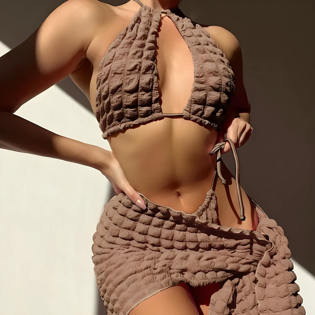 Brown seersucker lace-up three-piece bikini set for women with top, pants, and skirt