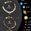 Set of two natural stone beaded bracelets showing different zodiac sign designs.