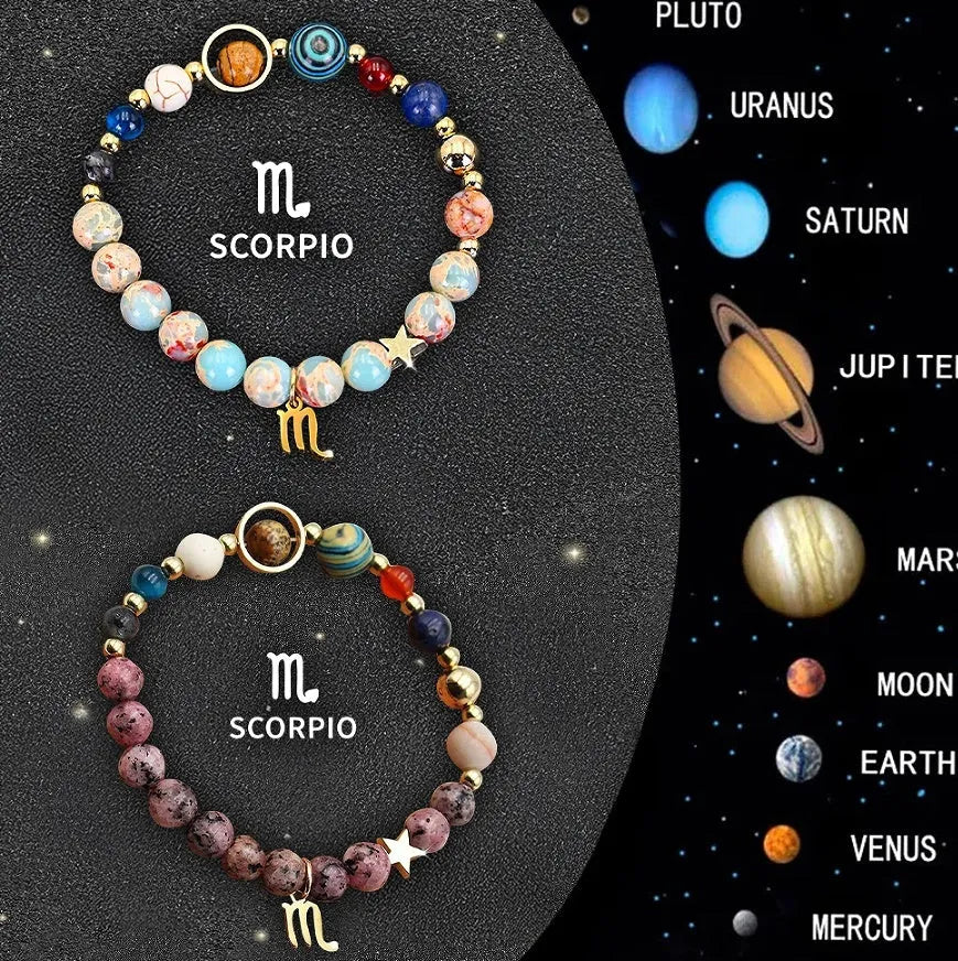 Set of two natural stone beaded bracelets showing different zodiac sign designs.