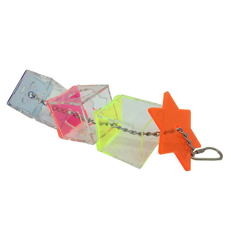 Clear acrylic bird foraging toy measuring 5x5x32 cm for parrots with fruit inside