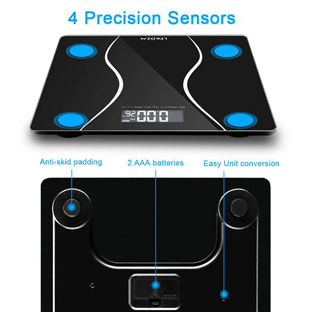 Black electronic household scale with digital display for weight measurement up to 180 kilograms