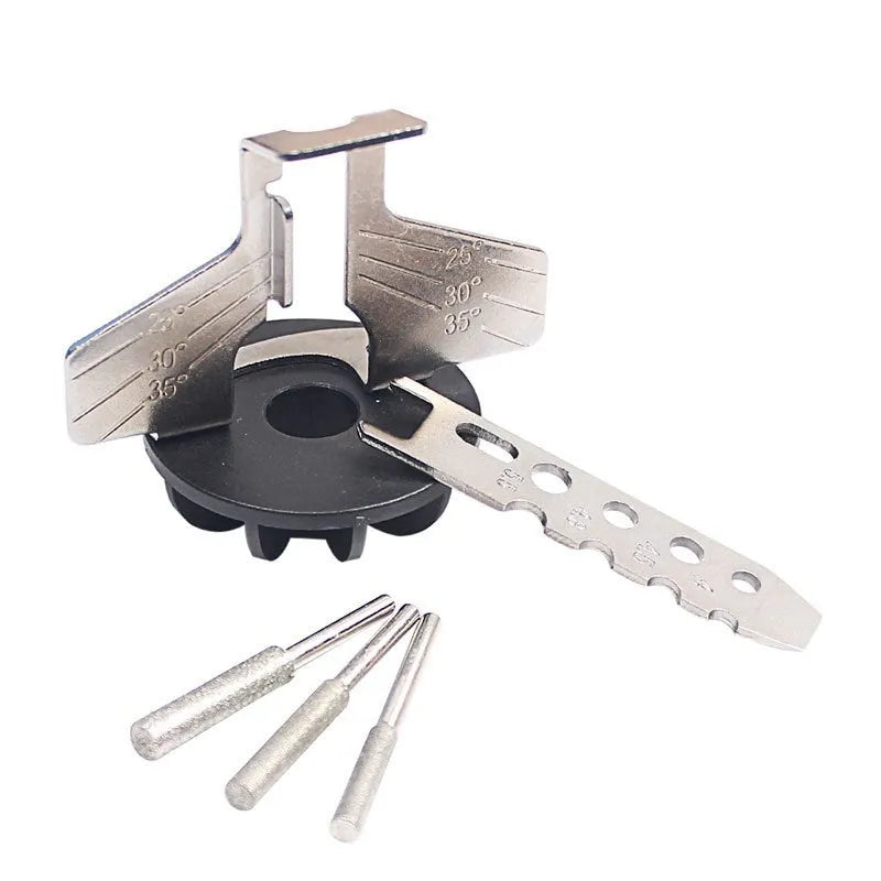 Silver mini electric chain grinding machine with metal band saw blade showing tooth detail