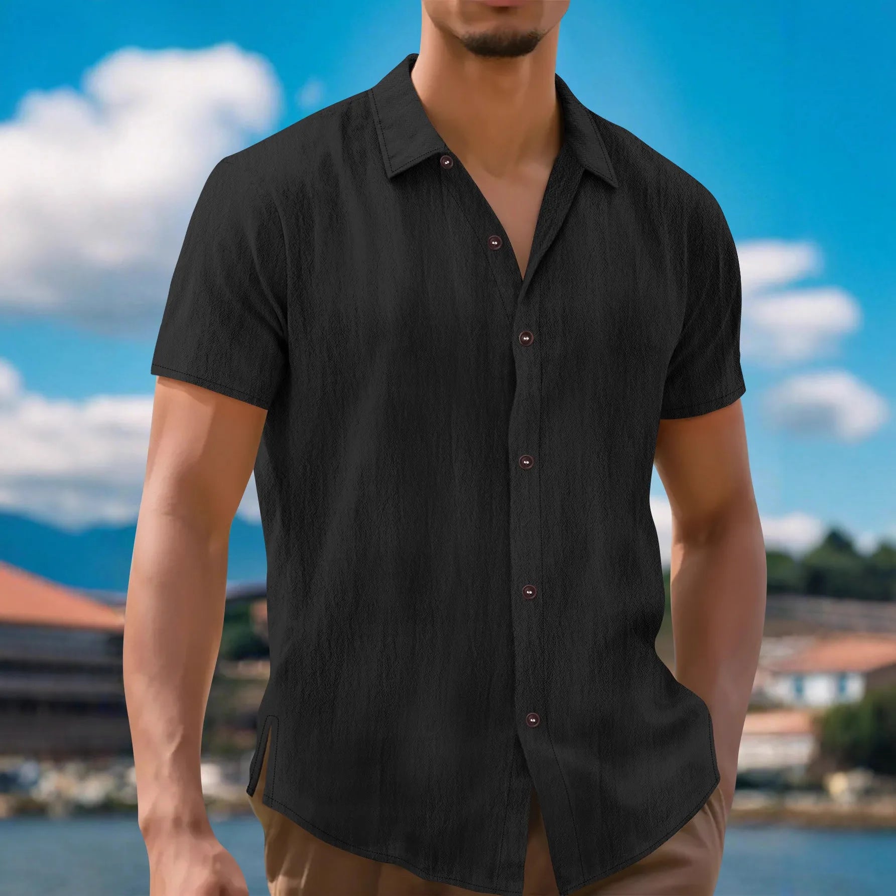 Men's linen lapel short sleeve shirt in khaki, front view, cardigan-style collar, short sleeves